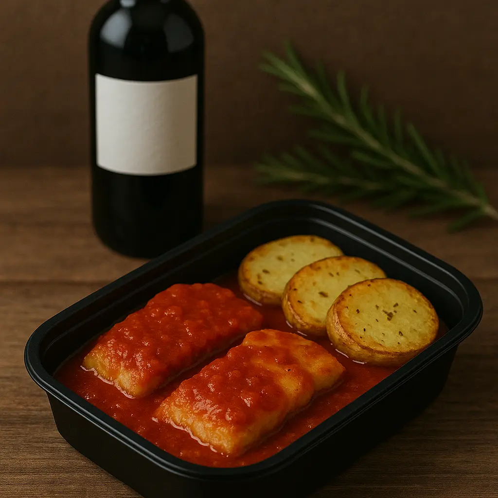 Bacalao con tomate y patatas al horno							